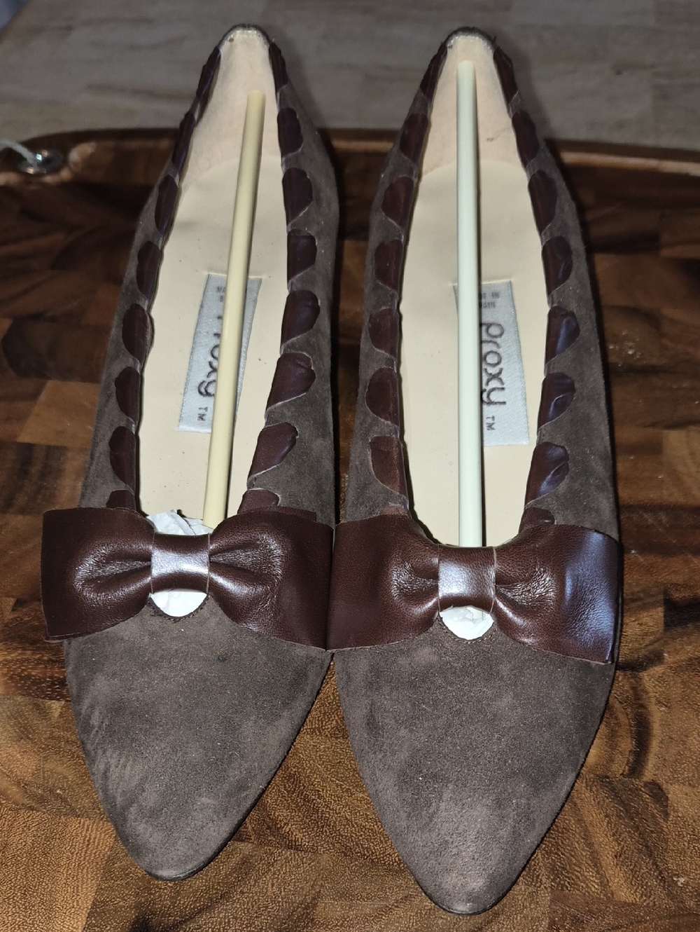 Proxy Brown Suede And Leather Pointed Toe Flats with Bow Detail